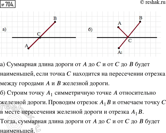 Изображение 704. На плане (рис. 81) показана железная дорога и два города А и В. Укажите место на железной дороге, где надо построить станцию С, чтобы суммарная длина дороги от A до...
